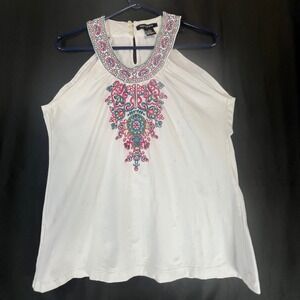 Ava & Grace White Embroidered Halter Top Boho Keyhole Neck Tank Large